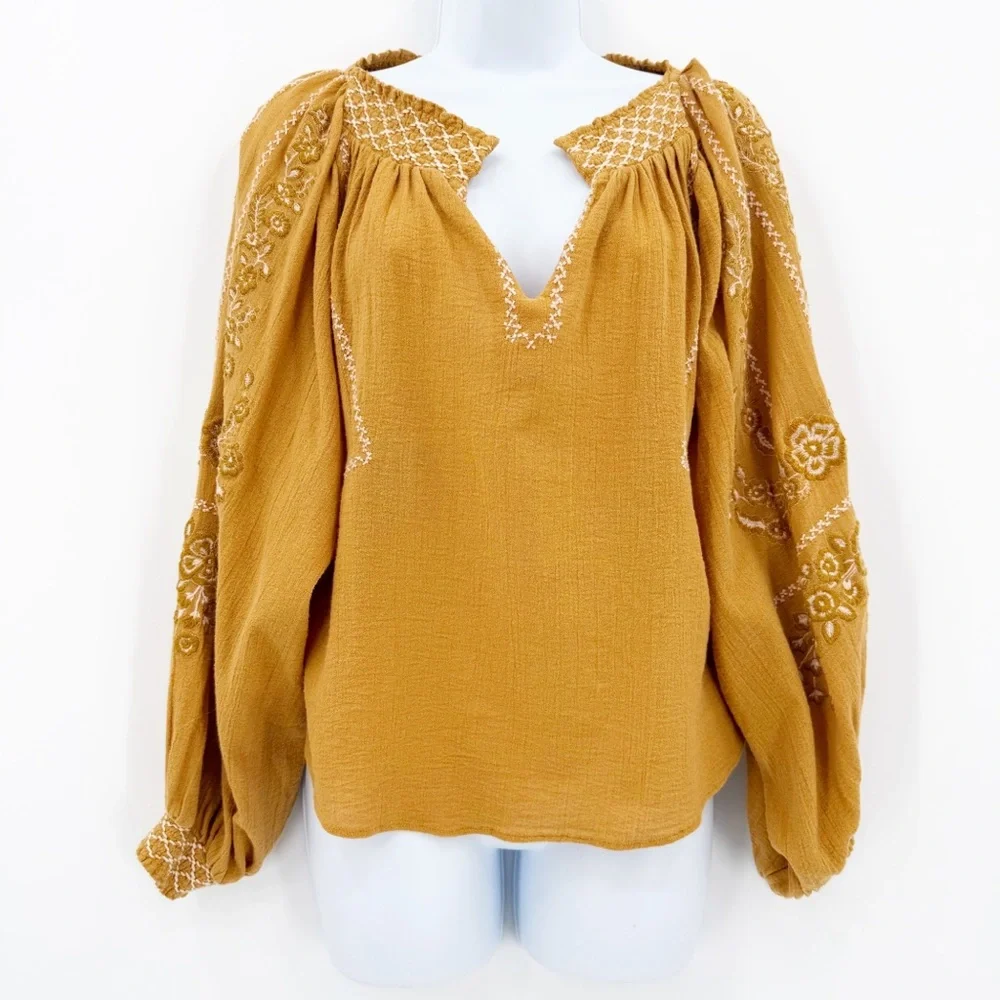 Free People Notting Hill Top Mustard Yellow Embroidered Boho Peasant Top Sz XS